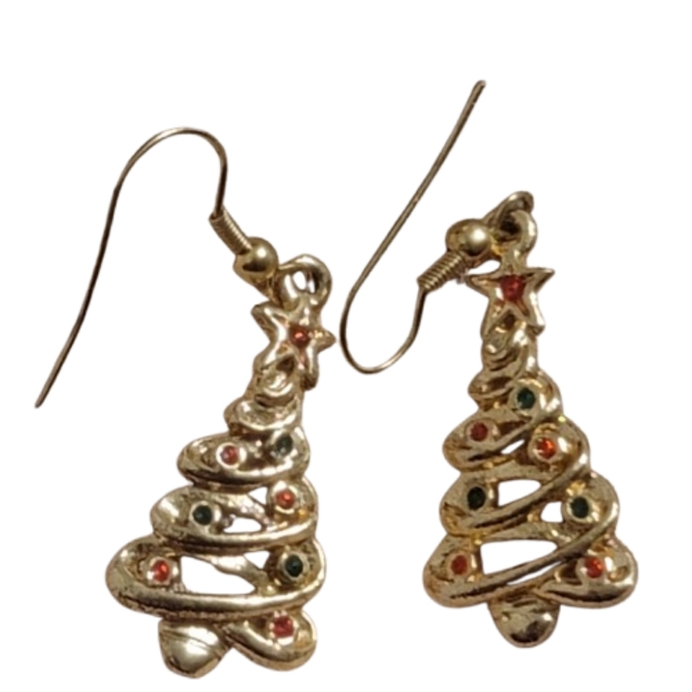 Vintage Goldtone Christmas Tree Earrings with multicolor rhinestones 80's 90's